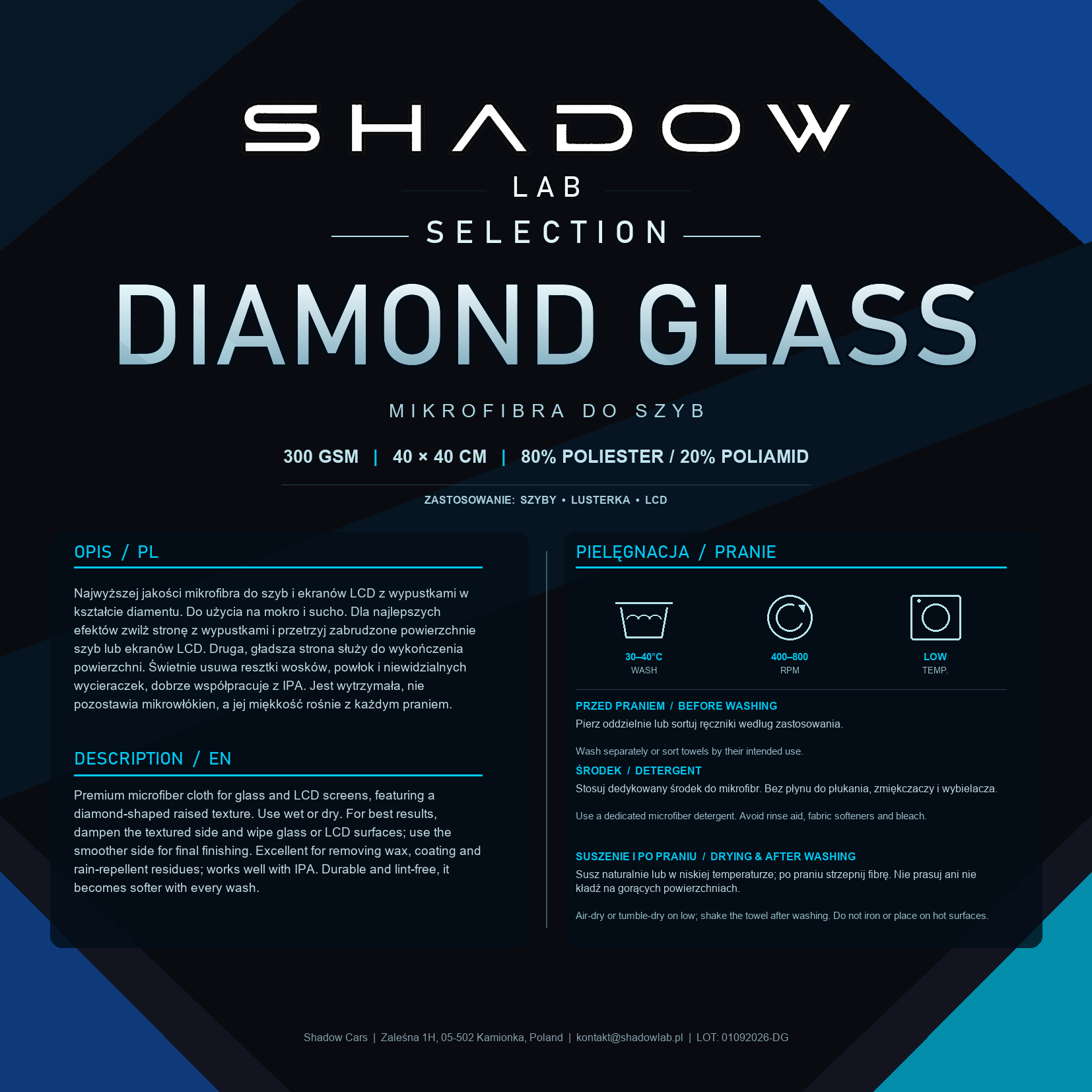 Etykieta Shadow Lab Selection Diamond Glass — mikrofibra do szyb, 300 GSM, 40 × 40 cm